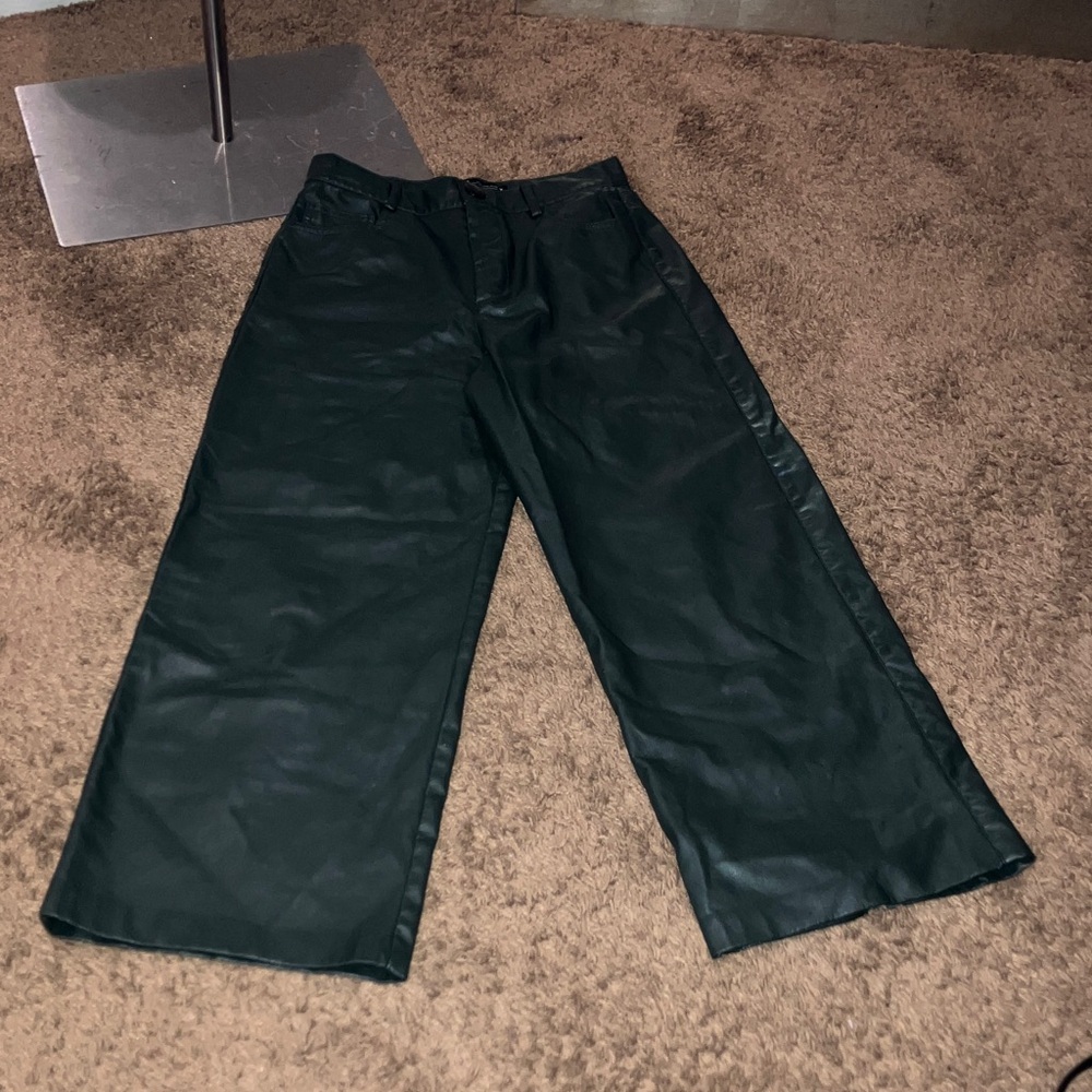 Zara Dark Emerald M Faux Leather Wide Leg Pants Edgy Goth Minimalist Retro